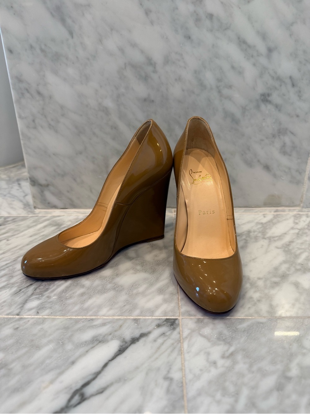 Christian Louboutin Camel Patent Leather Wedge Size 37